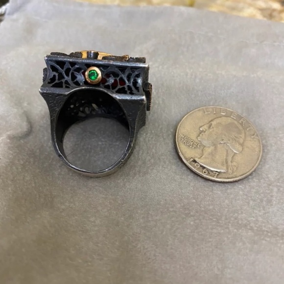 Cocktail Silver Ring Ruby Emerald square Unisex - Picture 2 of 3